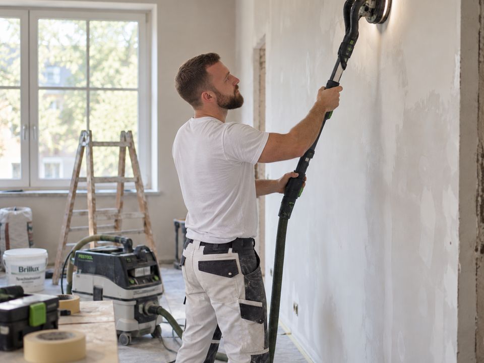 Tobias Kabel schleift mit der Langhalsschleifmaschine eine frisch verspachtelte Wand